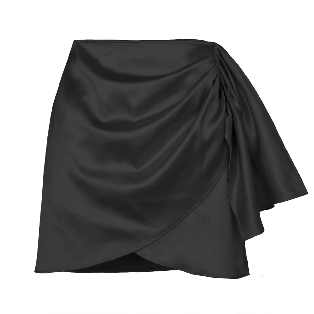 High Waist Ruched Skirt Women Elegant Pure Color Satin Back Zipper Wrap Hem Skirt for Cocktail Party Black L