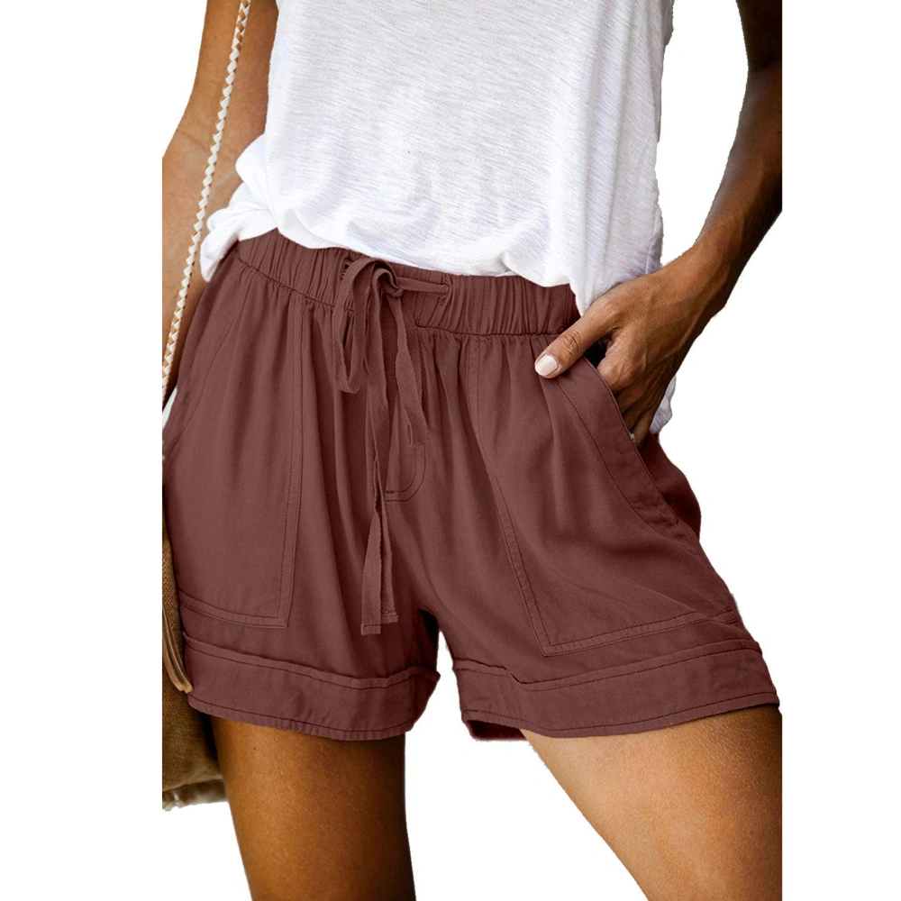 Women Summer Shorts Elastic Waist Drawstring Closure Medium Waist Casual Style Shorts with Side Pockets Brownish Red S