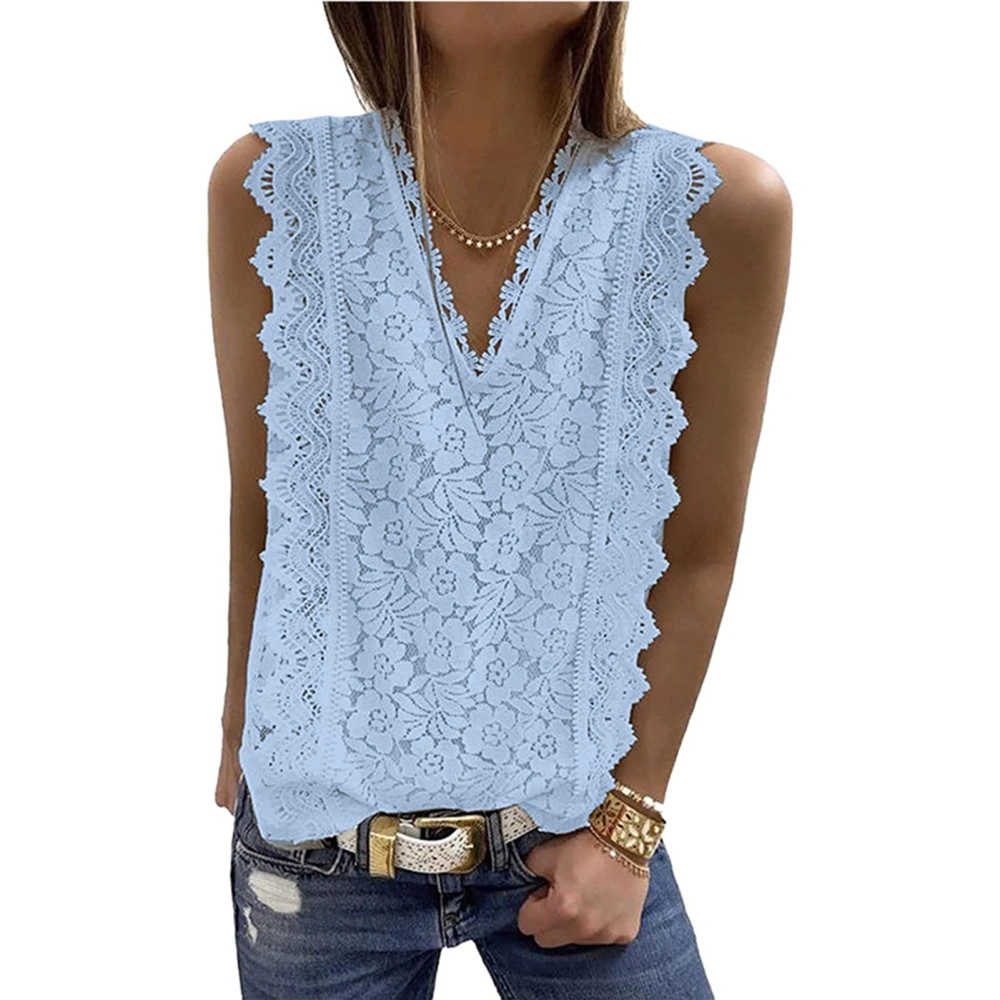 Women Lace V Neck Tunic Tank Top Breathable Casual Sleeveless Shirt Blouse for Summer Sky Blue XXL