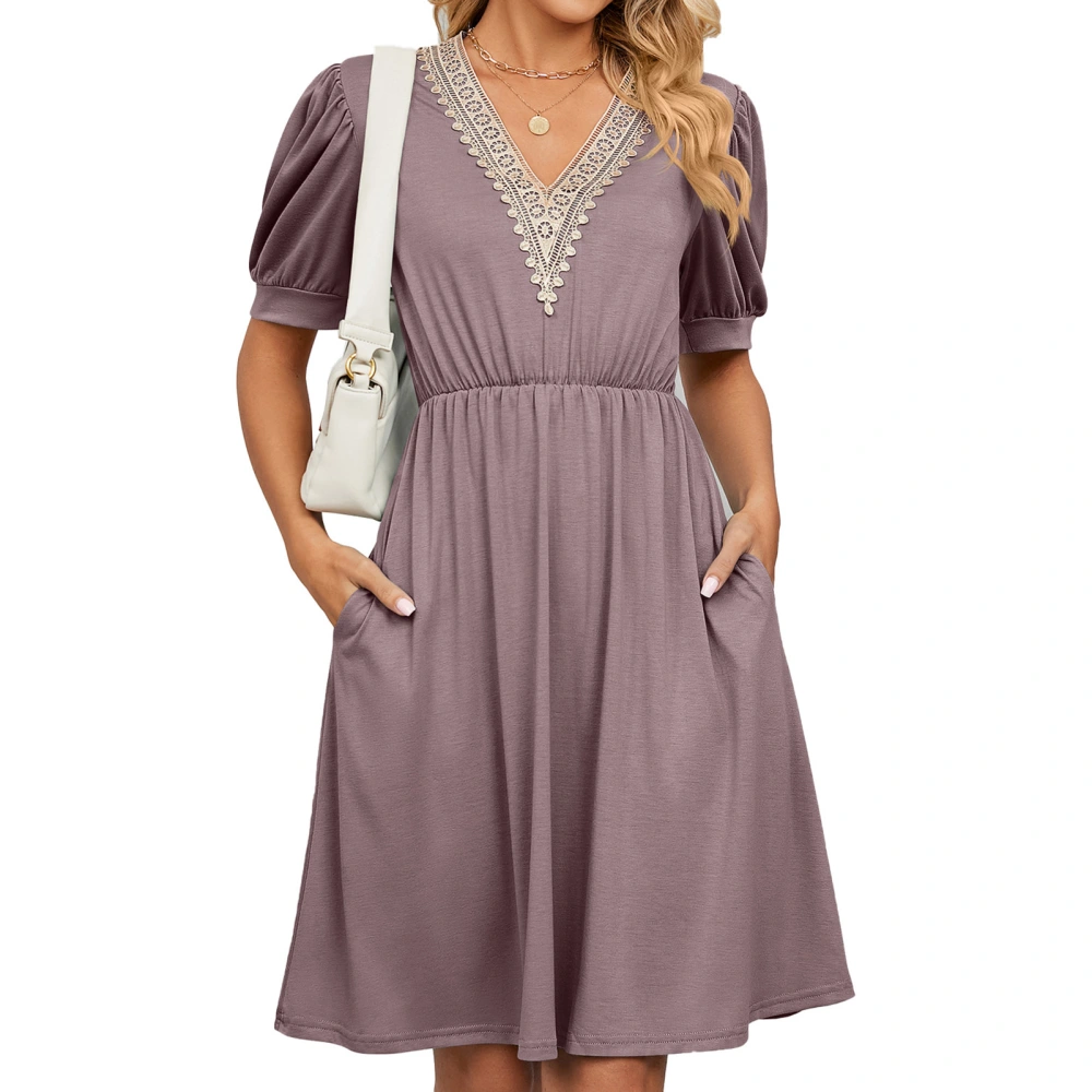 Lace Stitching Dress Puff Sleeve Side Pockets V Neck Fashionable Elegant Female Short Dress Light Purple XXL