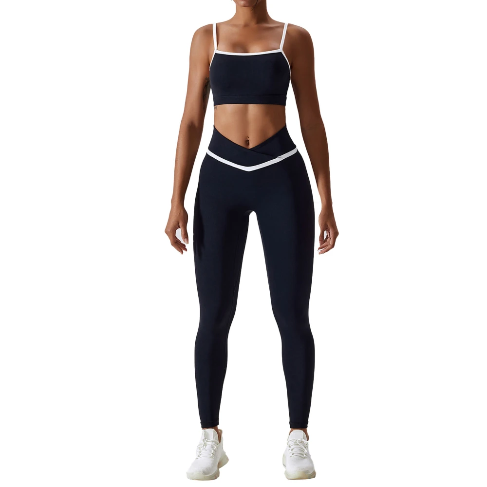 2 Piece Yoga Suit Color Block Spaghetti Strap Cross Waist Female Sport Yoga Suit for Running Pants Advanced Black 10/M