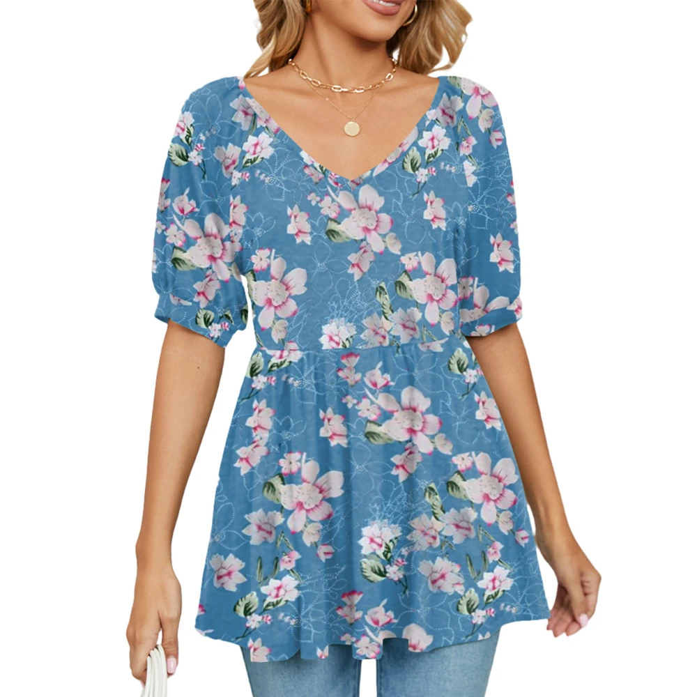 V Neck Top for Women Puff Sleeves Soft Comfortable Printing T Shirt for Daily Shopping Type 9 M