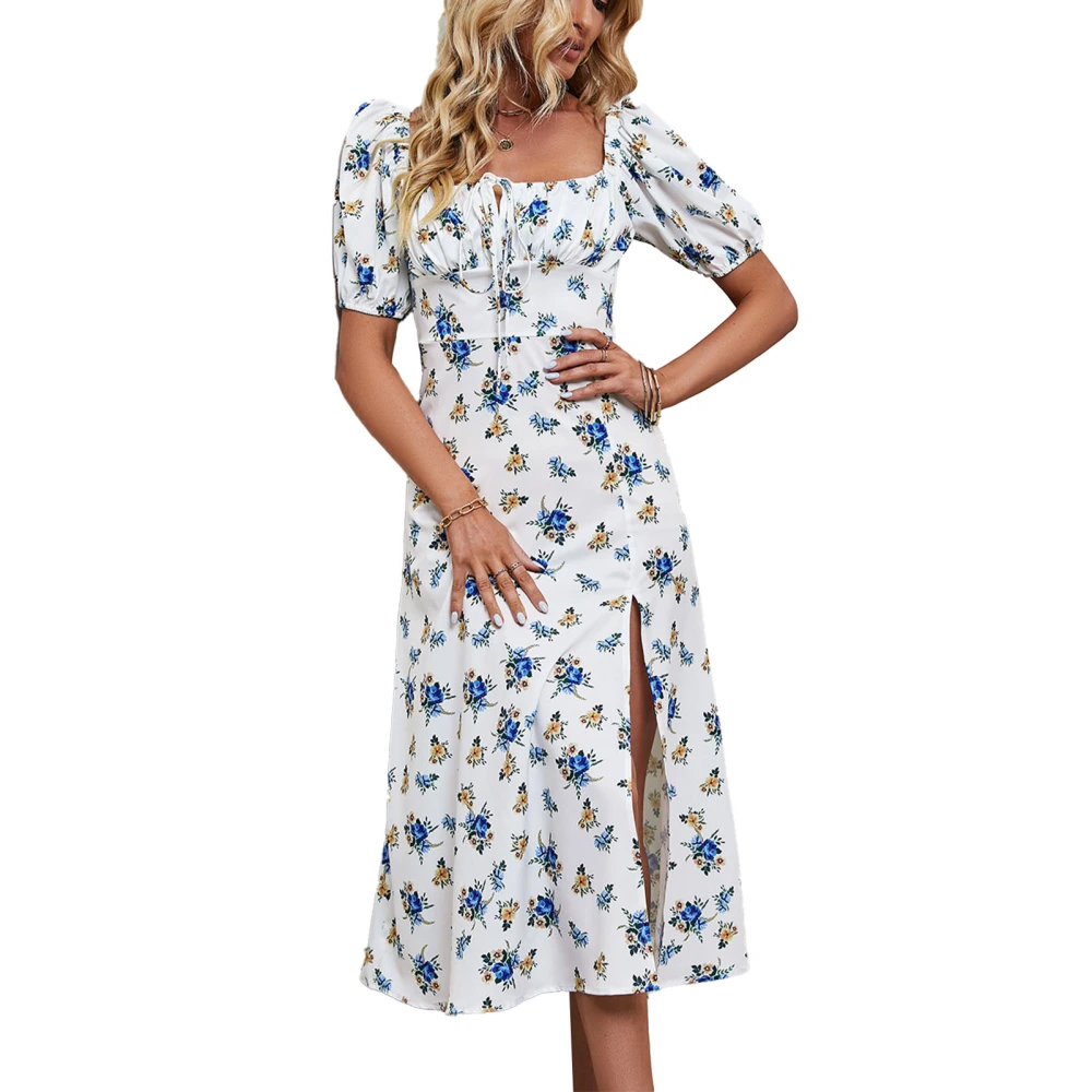 Short Sleeve Floral Print Midi Dress Women Stylish Elegant Slim Fit Drawstring Ruched Bust Split Dress White M