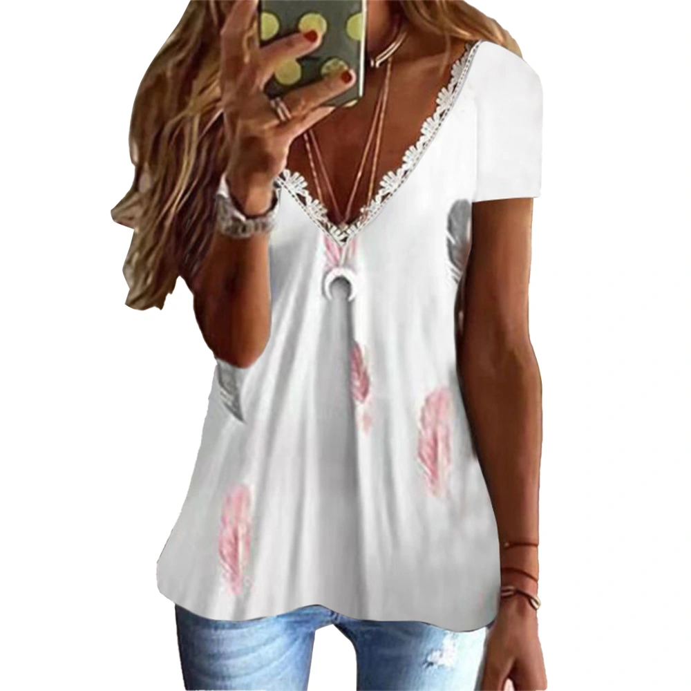 T Shirt Lace Trim V Neck Short Sleeve Comfortable Basic Summer Top for Home Work Type 9 S