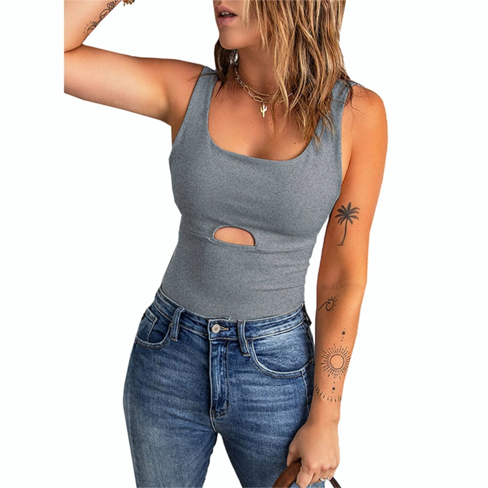 Women Tank Top U Neck Hollow Out Pure Color Slim Fitted Summer Sleeveless Vest for Daily Wear Grey L