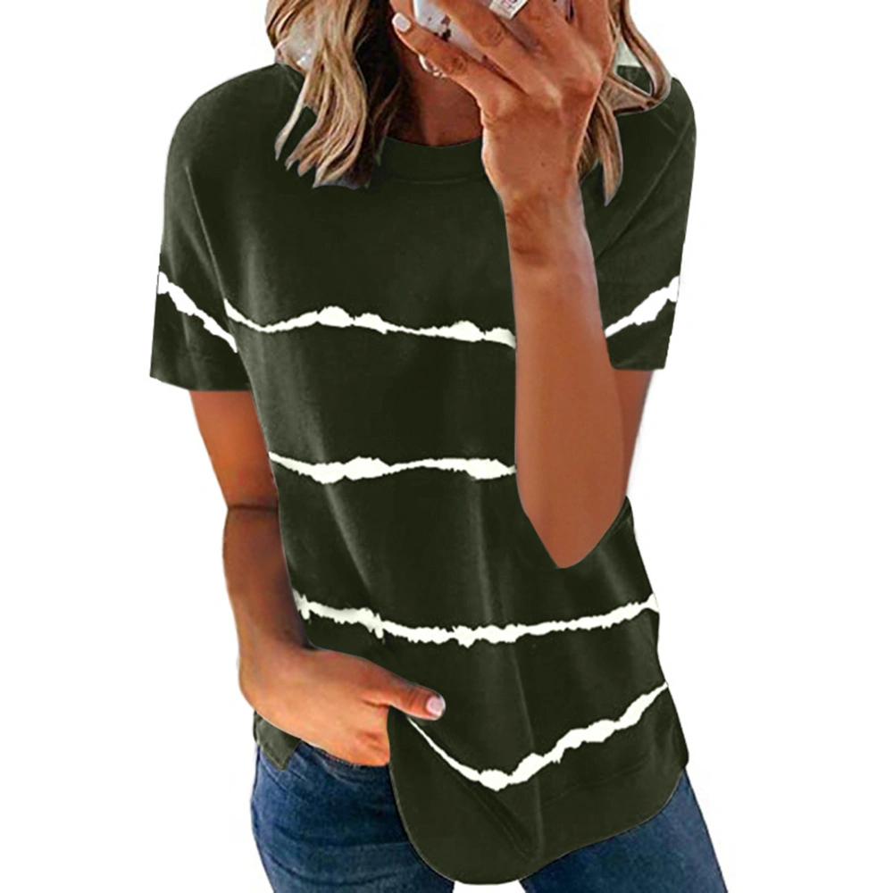 Women Casual Top Round Neck Stripes Pattern Loose Type Summer Short Sleeve T Shirts OD Green S