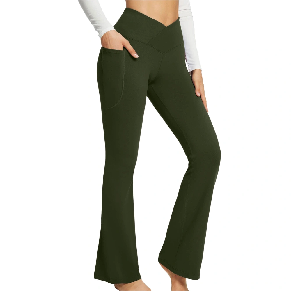 Women Yoga Flared Pants High Waist Slim Fitted External Pocket Fashionable Comfortable Slim Gym Flare Trousers Green L