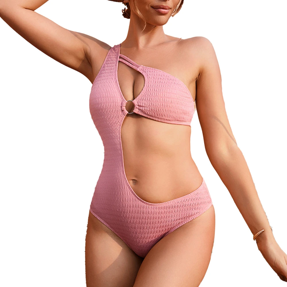 Women One Piece Swimsuit Bikini for Beach Surfing Swimming Pool Party Single Shoulder Hallow Pure Color Pink M