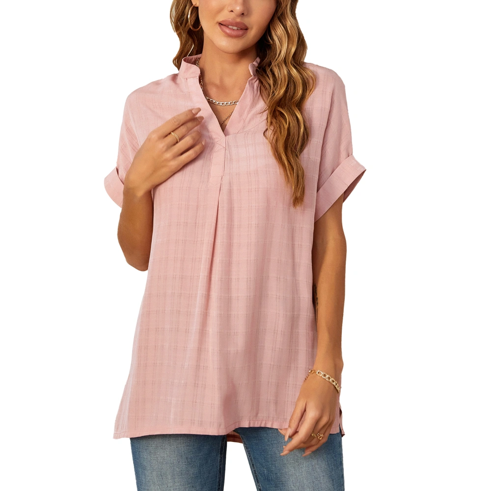 Women Summer V Neck Blouse Comfortable Casual Loose Hem Short Sleeve Shirt for Ladies Pink XL