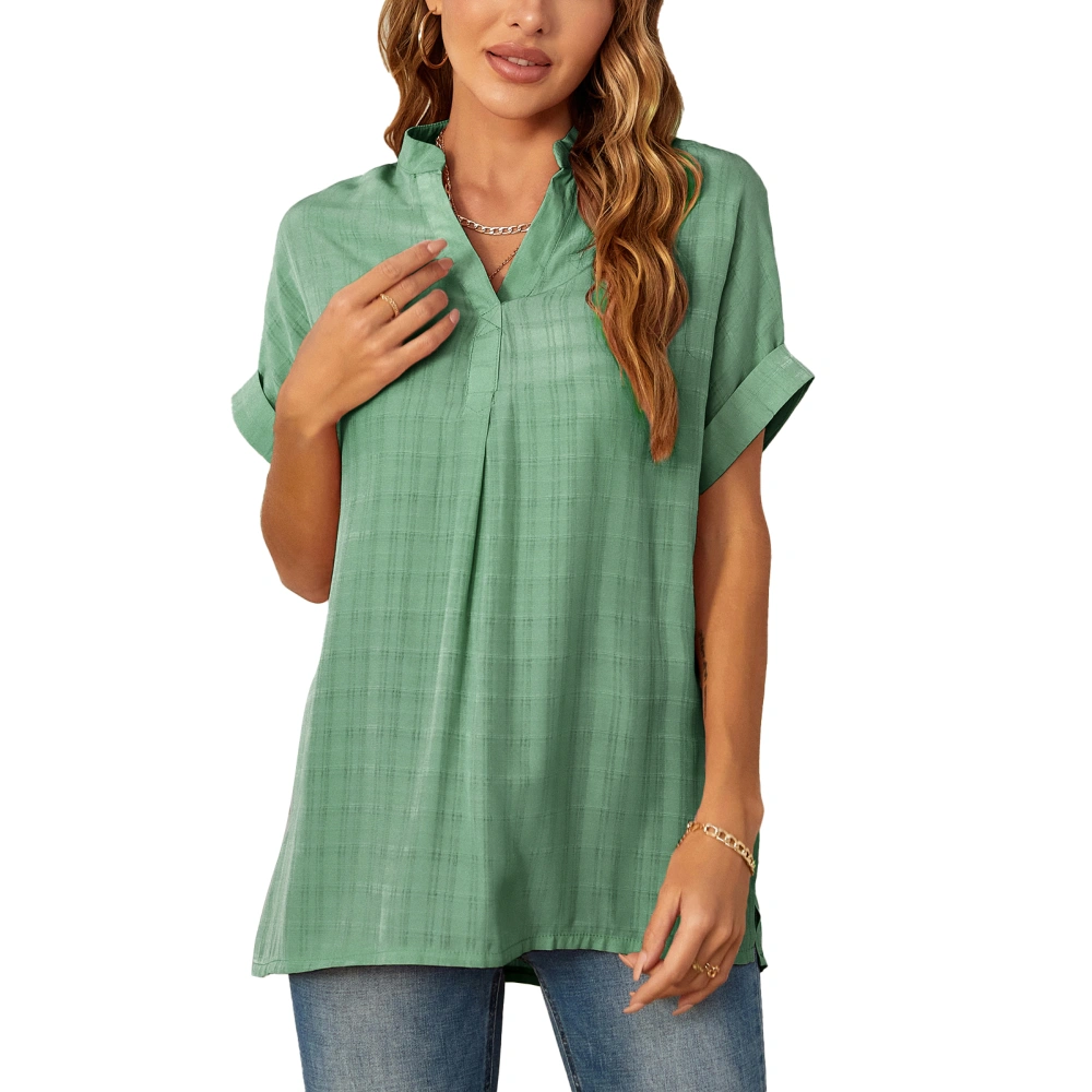 Women Summer V Neck Blouse Comfortable Casual Loose Hem Short Sleeve Shirt for Ladies Green S