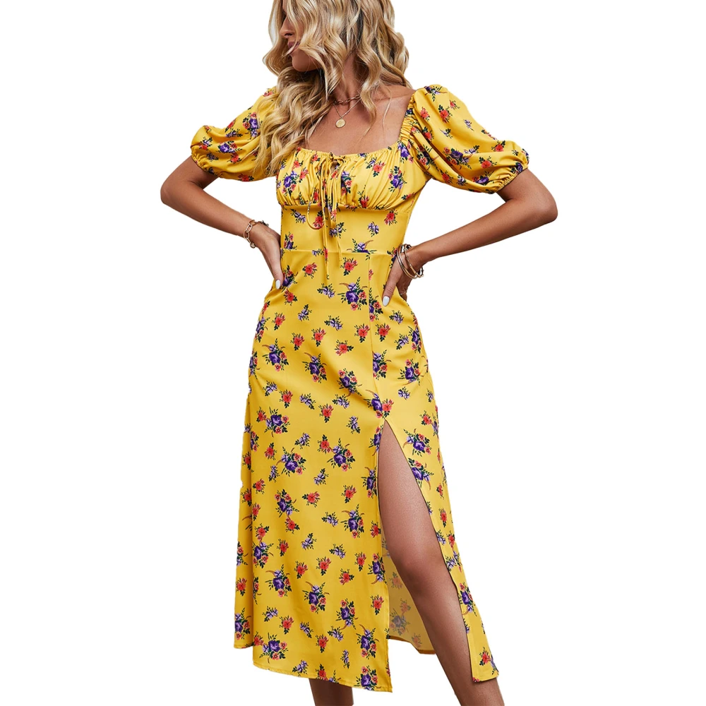 Short Sleeve Floral Print Midi Dress Women Stylish Elegant Slim Fit Drawstring Ruched Bust Split Dress Yellow L