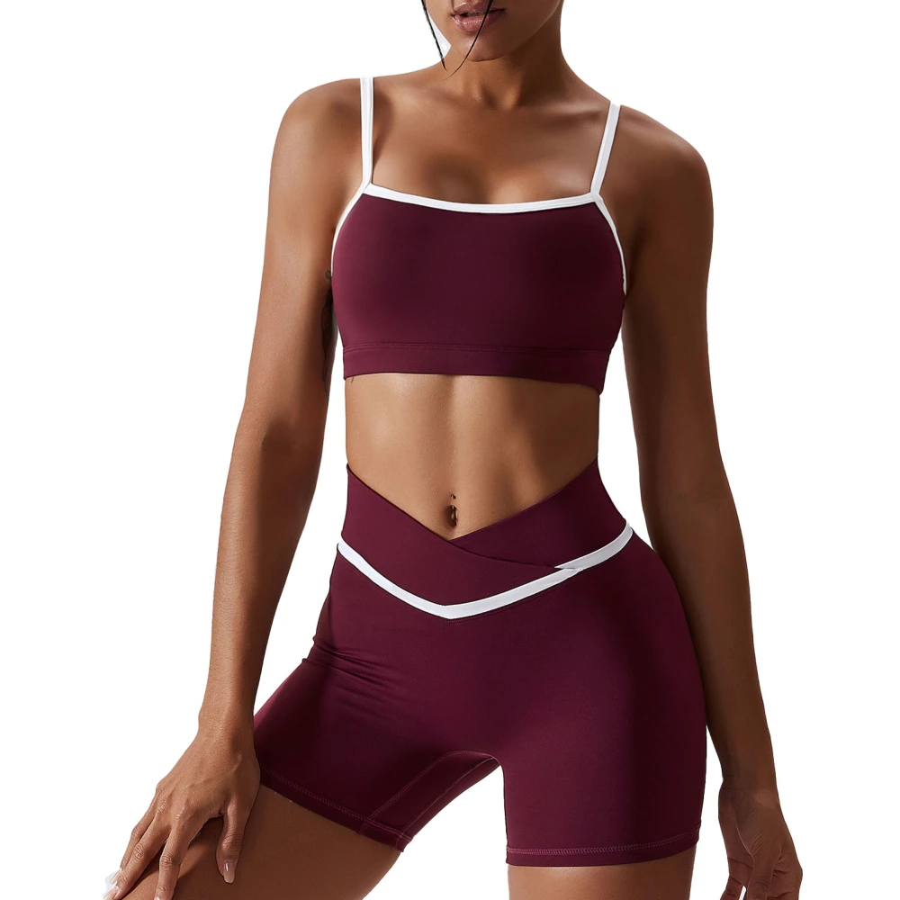 2 Piece Yoga Suit Color Block Spaghetti Strap Cross Waist Female Sport Yoga Suit for Running Shorts Vintage Red 8/S