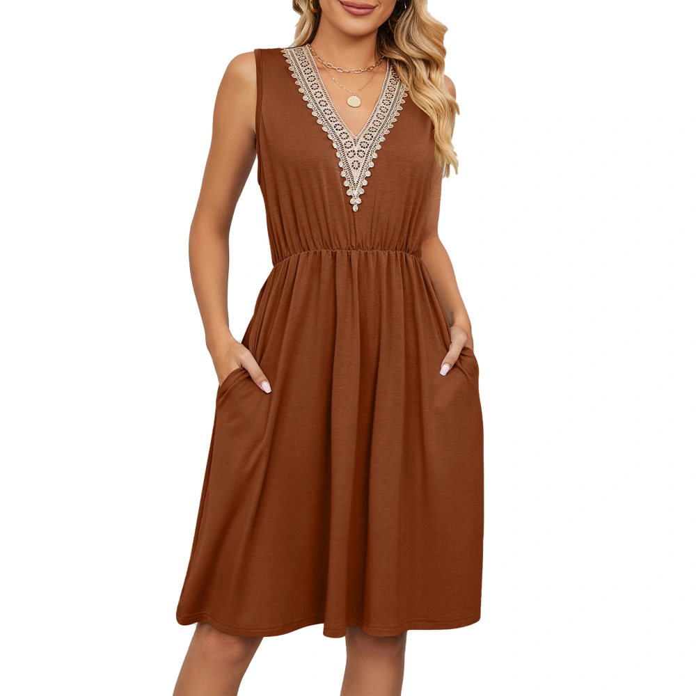 Women Sleeveless Waist Dress with Pockets V Neck Lace Stitching Dress for Spring and Summer Caramel Color XXL