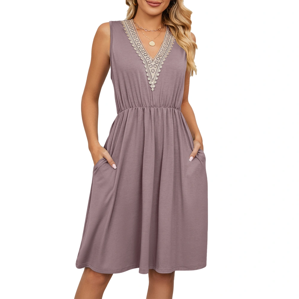 Women Sleeveless Waist Dress with Pockets V Neck Lace Stitching Dress for Spring and Summer Taro Color XL