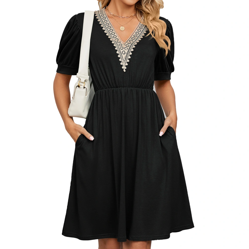 Lace Stitching Dress Puff Sleeve Side Pockets V Neck Fashionable Elegant Female Short Dress Black XL