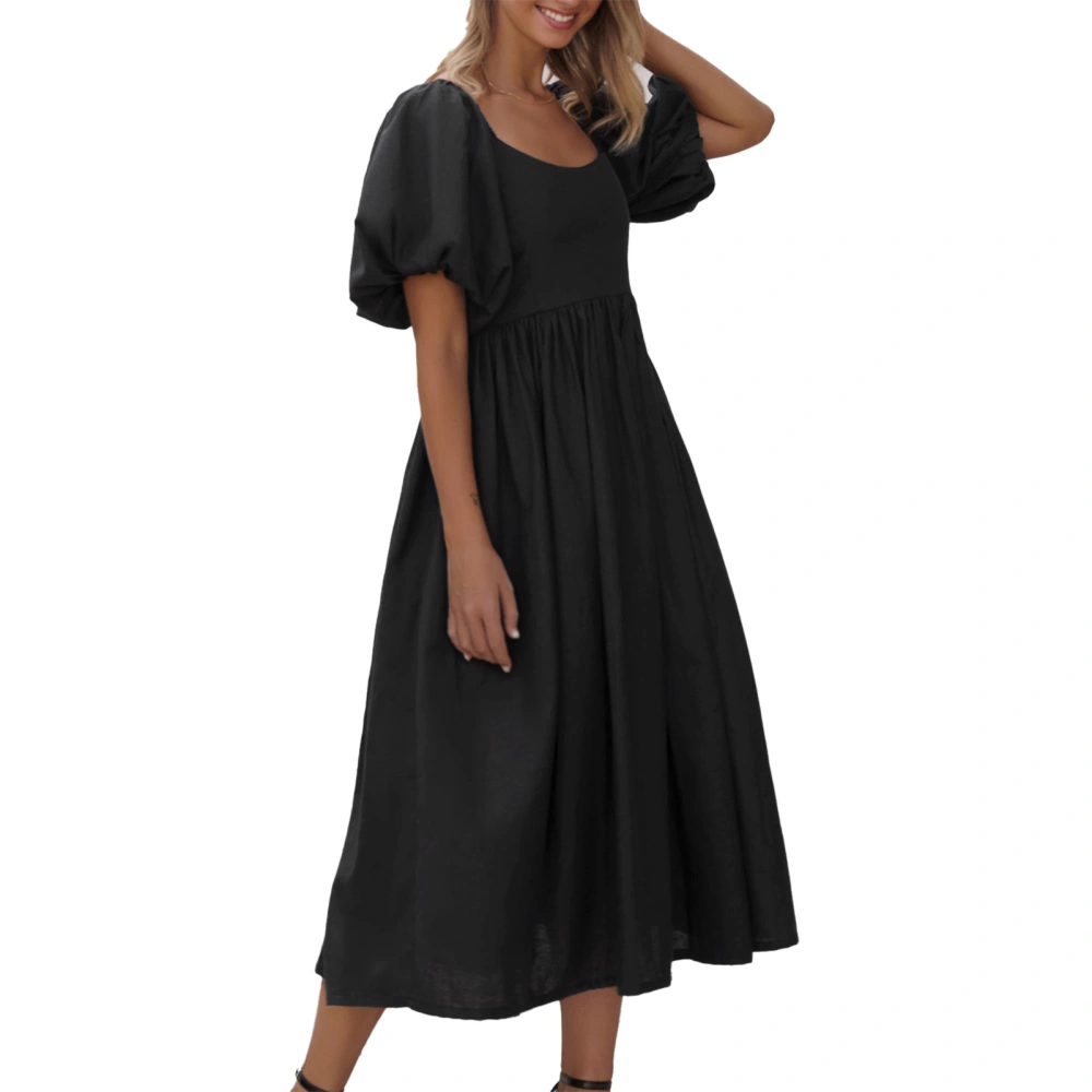 Women Dress A Line Lantern Sleeve Crew Neck Shirred Backless High Waist Summer Dress Black L