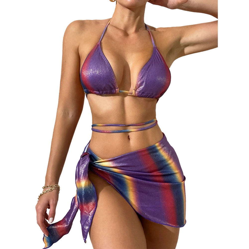 Women Bikini Swimwear Suit with Beach Skirt Neck Lace Up Low Rise Swimwear Set Gradient Color Multicolor S