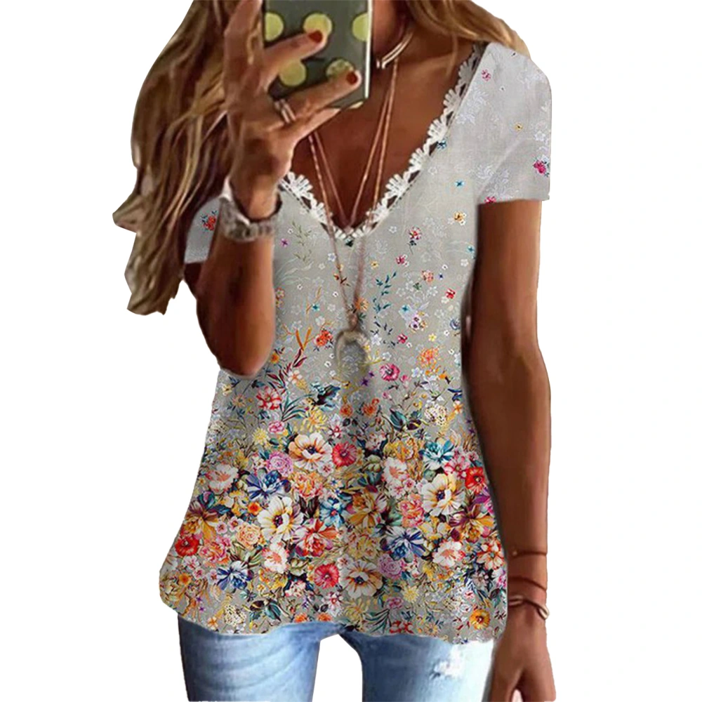 T Shirt Lace Trim V Neck Short Sleeve Comfortable Basic Summer Top for Home Work Type 3 XL