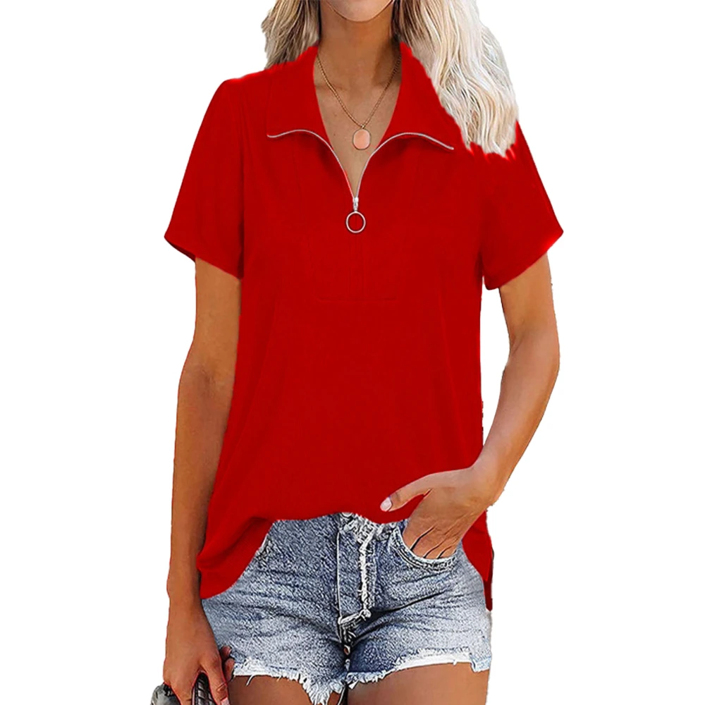 Women Turn Down Collar T Shirt Half Zipper Collar Short Sleeve Top Loose Solid Color for Spring Summer Red XXL