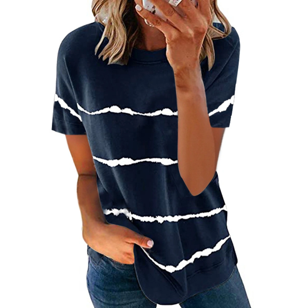 Women Casual Top Round Neck Stripes Pattern Loose Type Summer Short Sleeve T Shirts Purplish Blue XL