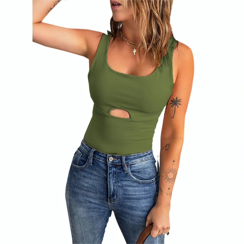 Women Tank Top U Neck Hollow Out Pure Color Slim Fitted Summer Sleeveless Vest for Daily Wear Green L