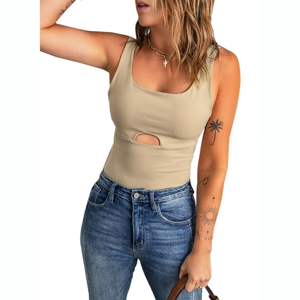 Women Tank Top U Neck Hollow Out Pure Color Slim Fitted Summer Sleeveless Vest for Daily Wear Apricot XL