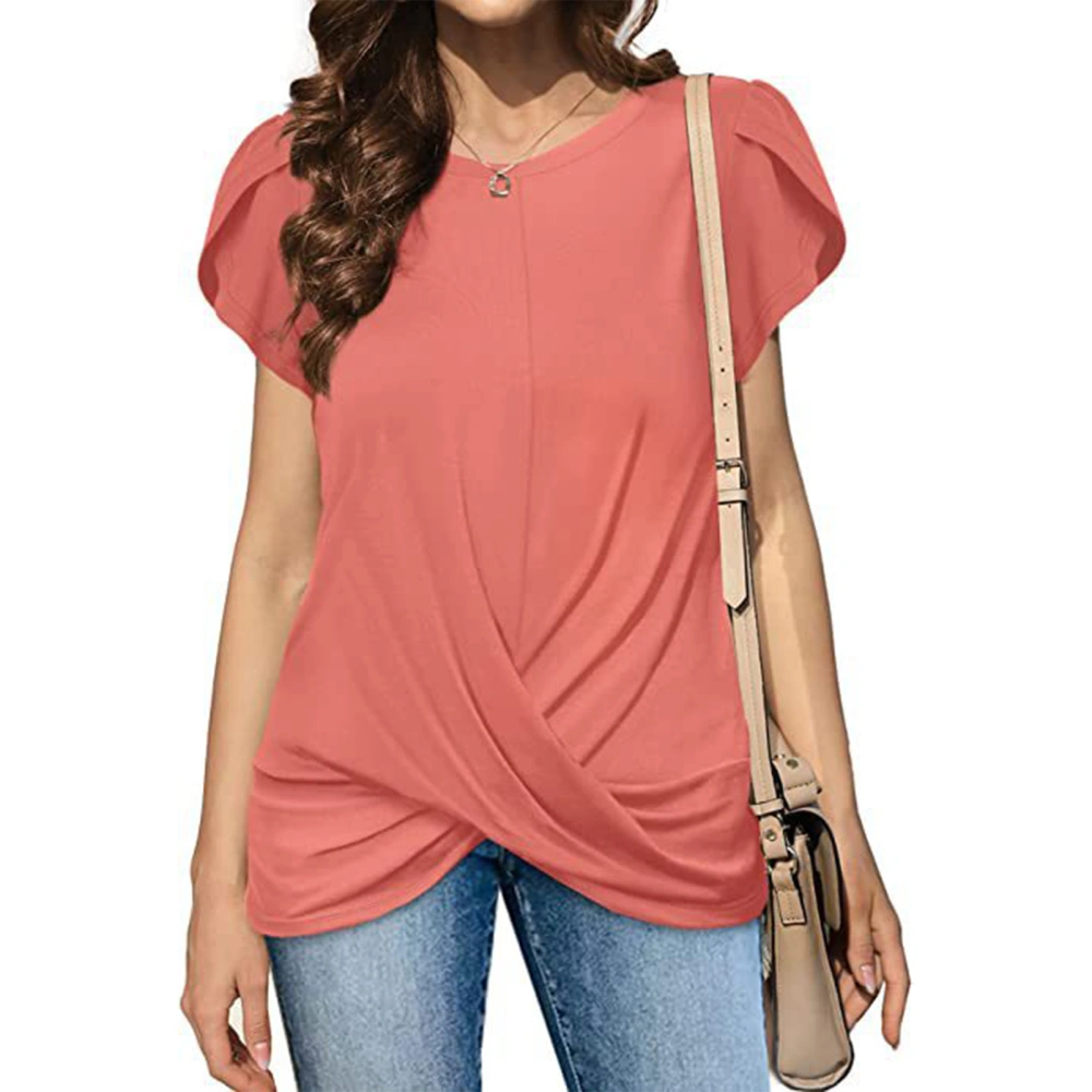 Women Twist Front Shirt Short Petal Sleeve Round Neck Pure Color Loose Causal Women Shirt Top Blouse Pink L