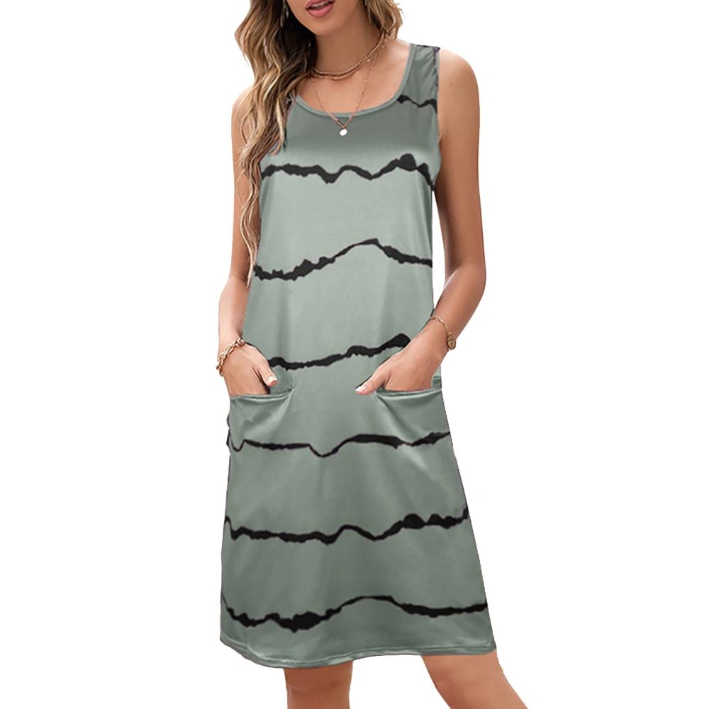 Stripe Sleeveless Dress Casual Loose Sides Pockets Simple Crewneck Summer Stripe Dress Light Gray S