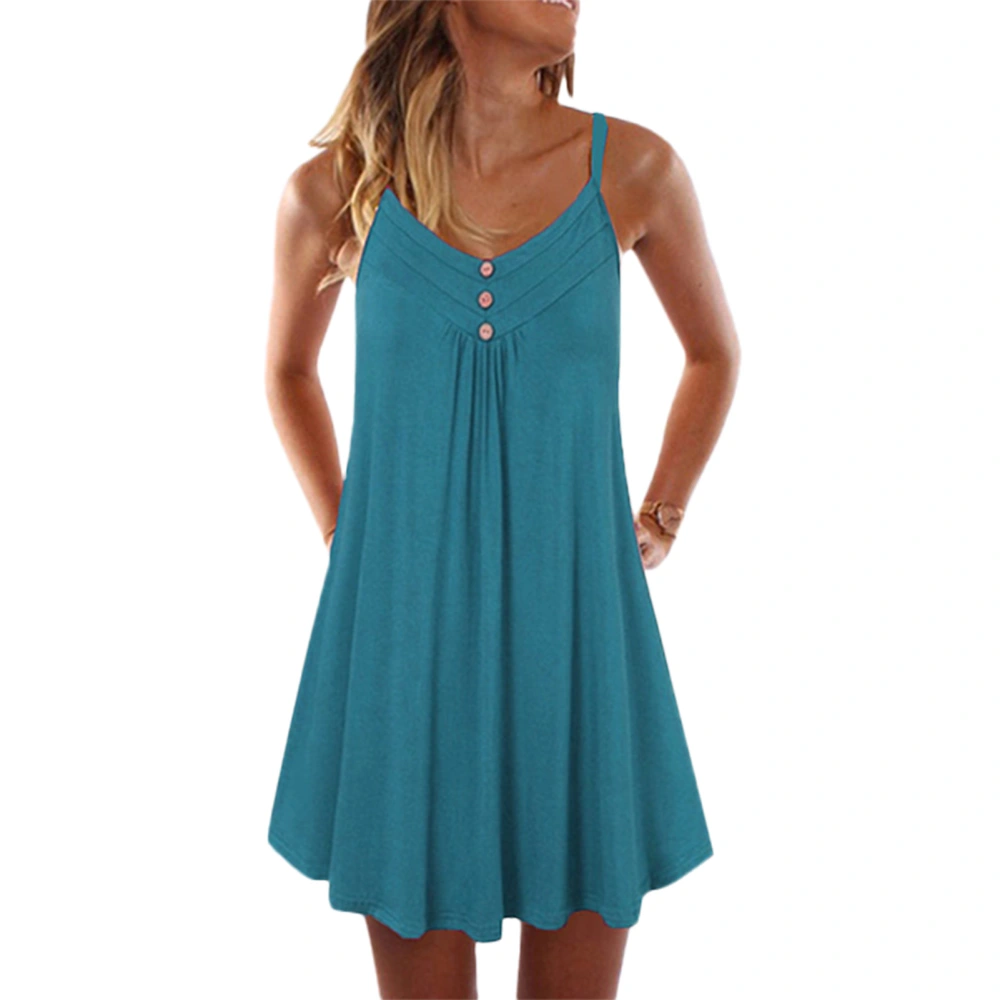 Women Dress V Neck Button Front Sleeveless Spaghetti Strap Pure Color Summer Dress for Female Lake Blue L