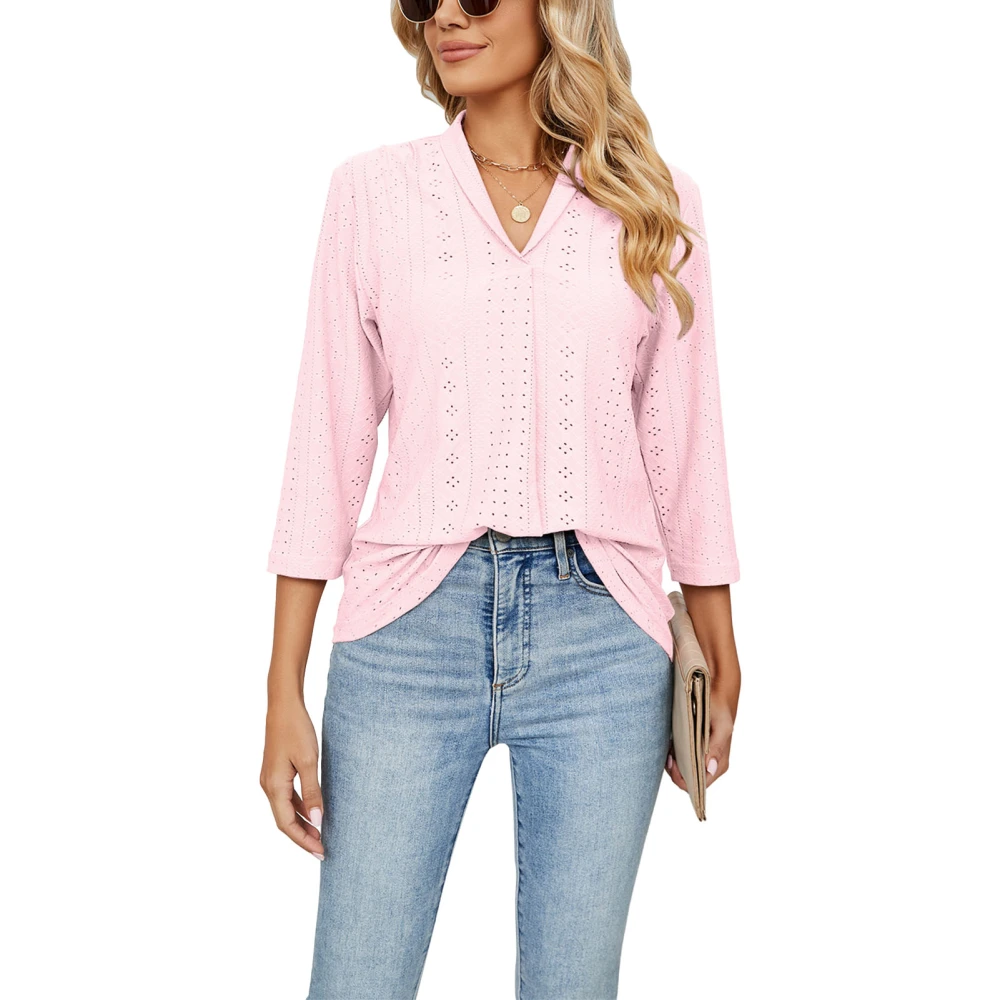 Women 3/4 Sleeve Shirt Pleated V Neck Turn Down Collar V Neck Pure Color Womens Basic T Shirt for Party Office Travel Pink M