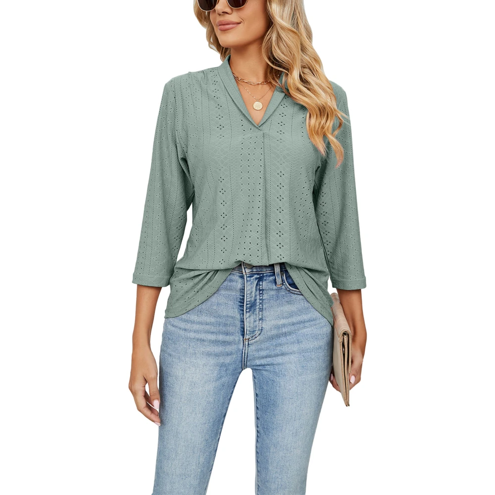 Women 3/4 Sleeve Shirt Pleated V Neck Turn Down Collar V Neck Pure Color Womens Basic T Shirt for Party Office Travel Dark Green M