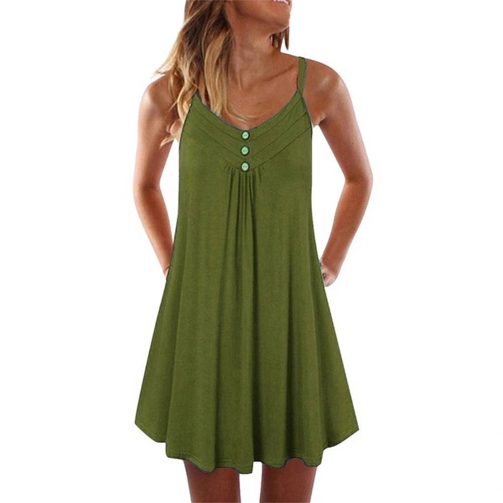 Women Dress V Neck Button Front Sleeveless Spaghetti Strap Pure Color Summer Dress for Female OD Green XXL