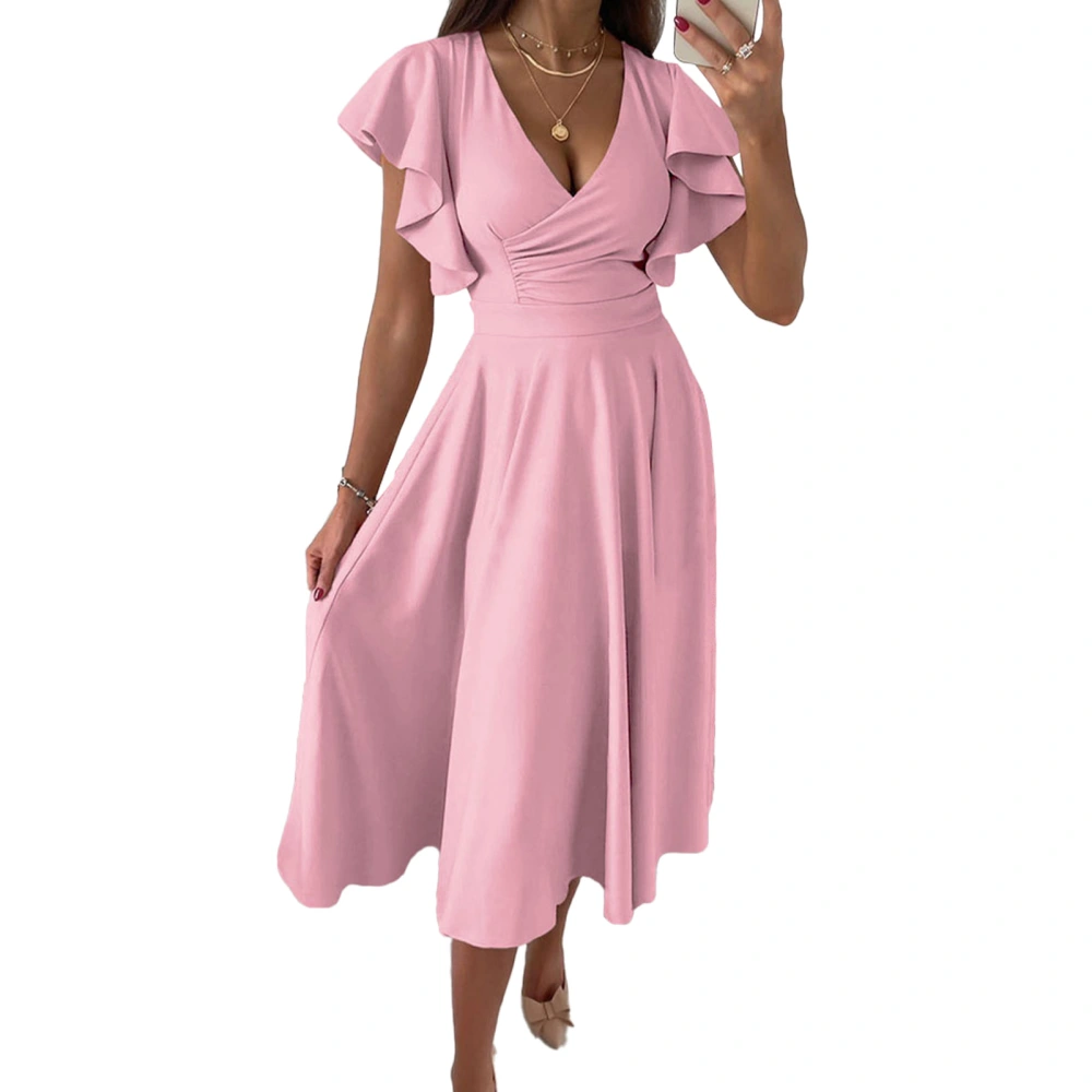 Short Ruffle Sleeve Dress Women Stylish Elegant Pure Color Wrap V Neck Waist Gathered Midi Dress for Work Pink 2XL