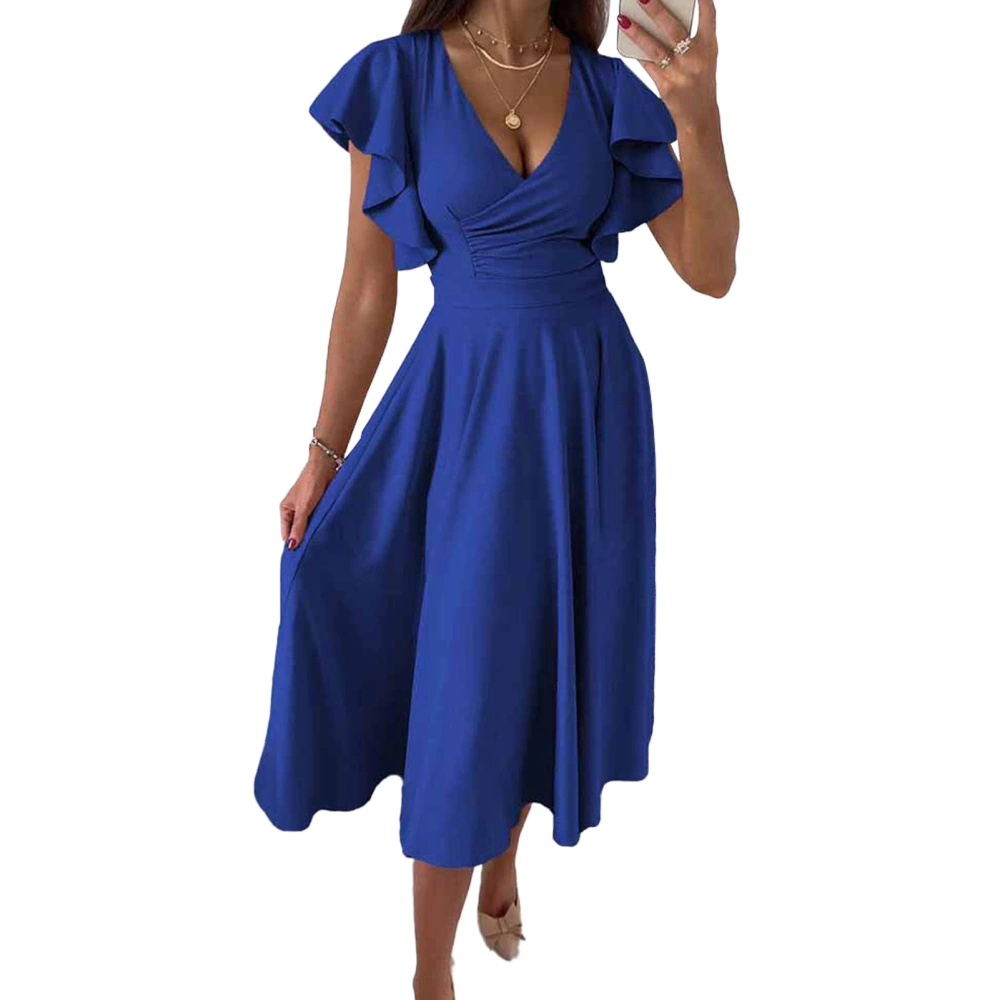 Short Ruffle Sleeve Dress Women Stylish Elegant Pure Color Wrap V Neck Waist Gathered Midi Dress for Work Dark Blue M