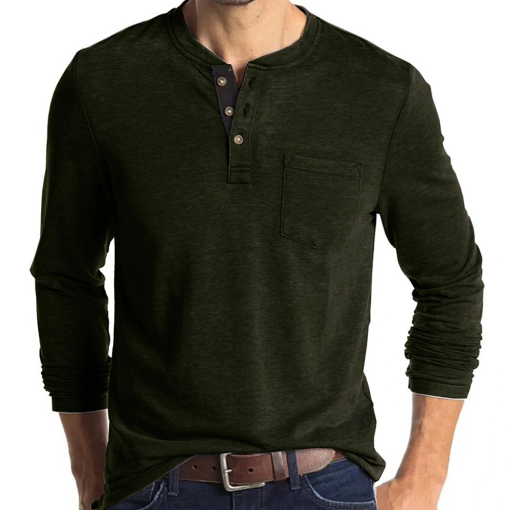 Long Sleeve Slim Fit T Shirt Men Autumn Elegant Pure Color Crewneck Button Bottoming Shirt Top for Office Work OD Green M