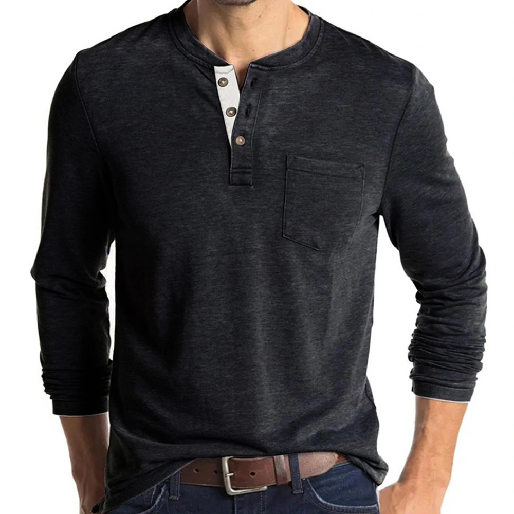 Long Sleeve Slim Fit T Shirt Men Autumn Elegant Pure Color Crewneck Button Bottoming Shirt Top for Office Work Dark Grey 2XL