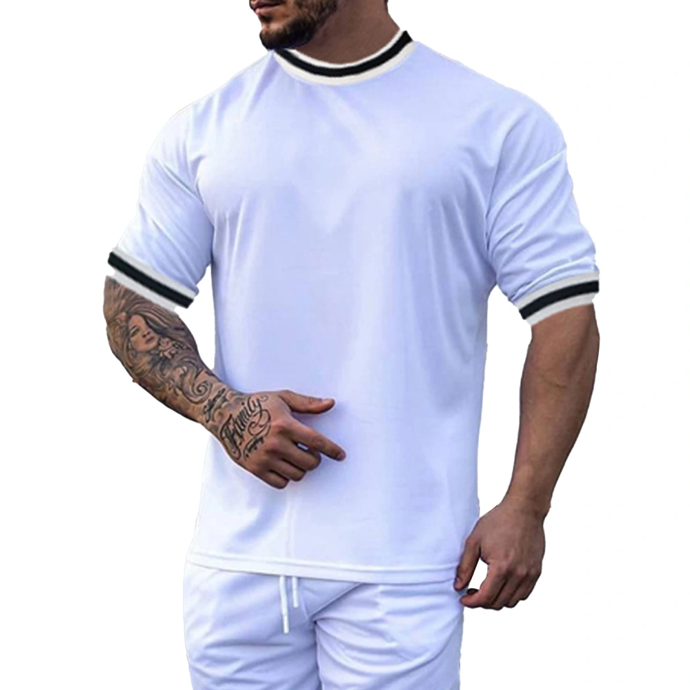 Summer Crewneck T Shirt Men Fashionable Casual Pure Color Short Sleeve Top Shrt for Gym Fitness White XXL