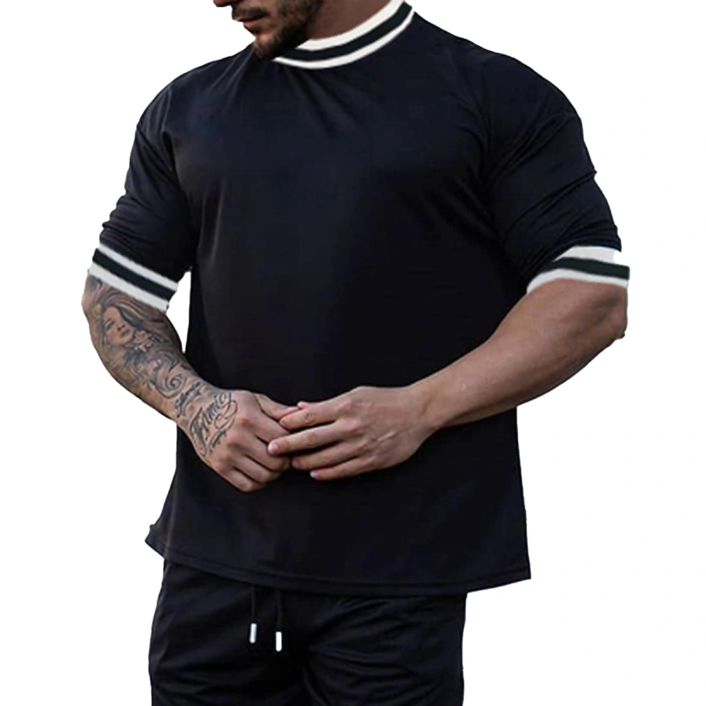 Summer Crewneck T Shirt Men Fashionable Casual Pure Color Short Sleeve Top Shrt for Gym Fitness Black L