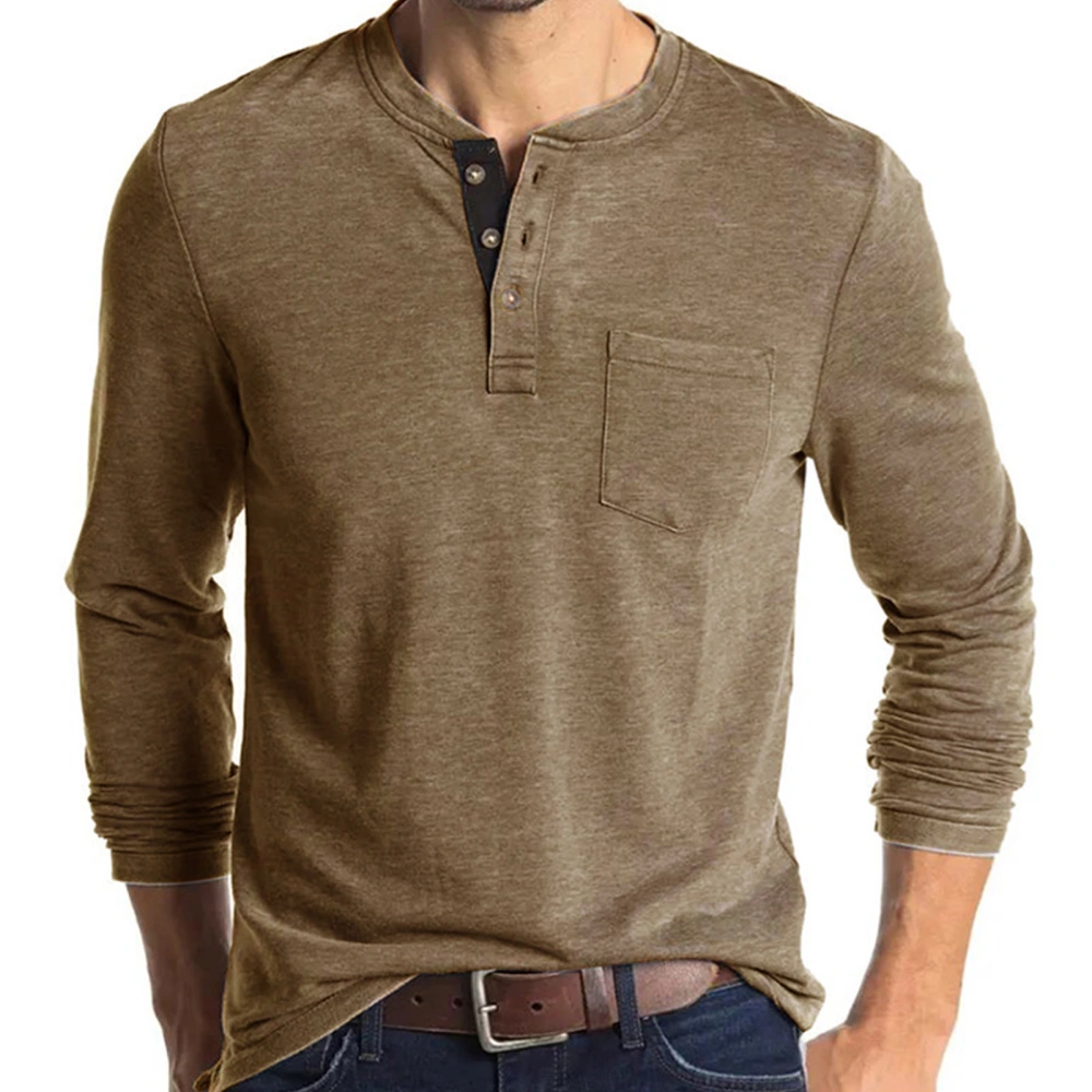 Long Sleeve Slim Fit T Shirt Men Autumn Elegant Pure Color Crewneck Button Bottoming Shirt Top for Office Work Khaki XL