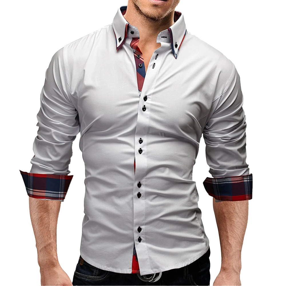 Men Long Sleeve Shirt Pure Color Lapel Slim Comfortable Breathable Skin Friendly For Work Business Trip White XXL