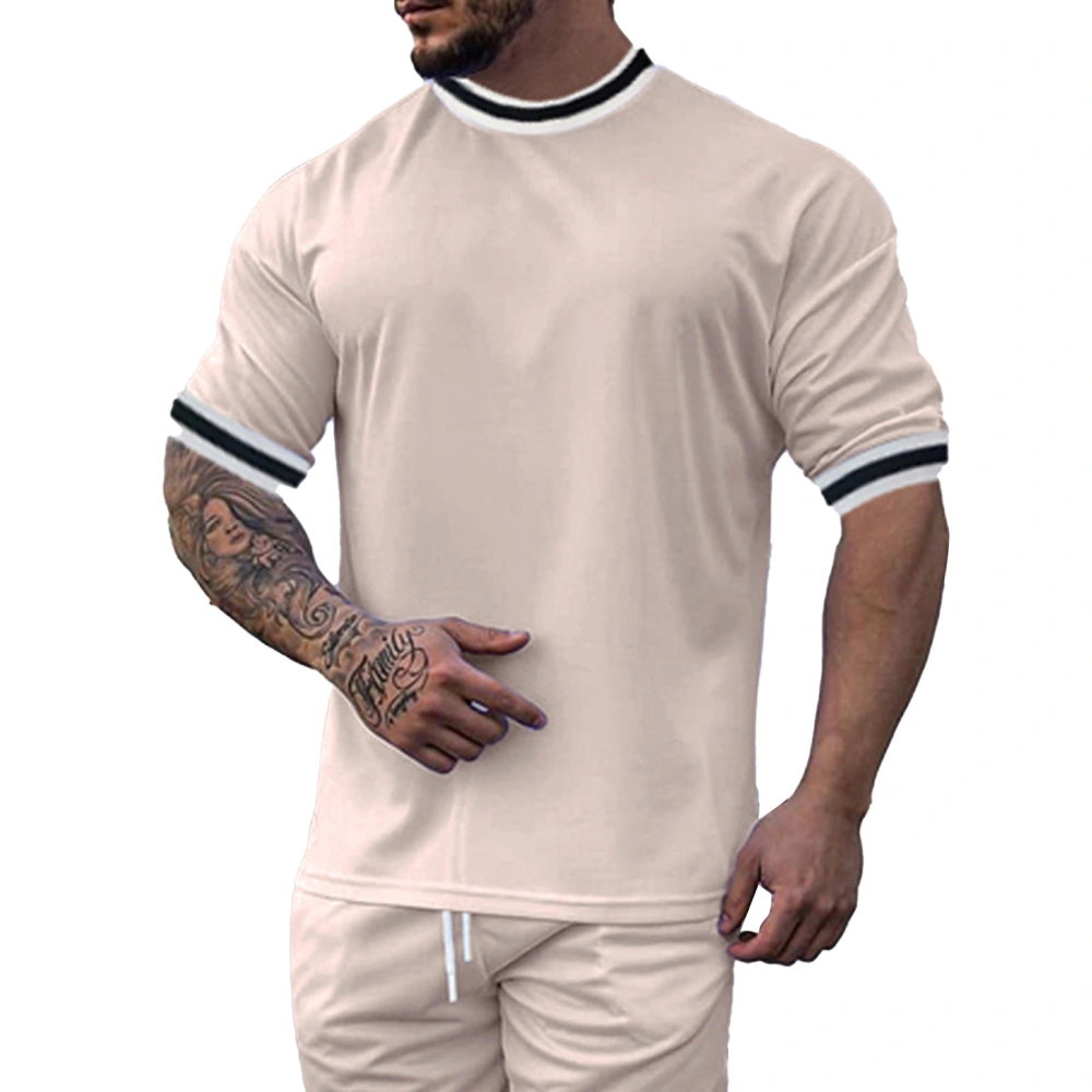 Summer Crewneck T Shirt Men Fashionable Casual Pure Color Short Sleeve Top Shrt for Gym Fitness Khaki XXL