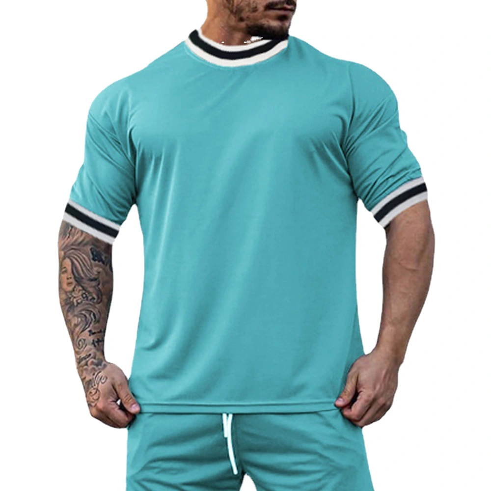 Summer Crewneck T Shirt Men Fashionable Casual Pure Color Short Sleeve Top Shrt for Gym Fitness Lake Blue XXXXL