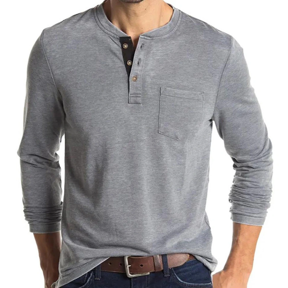 Long Sleeve Slim Fit T Shirt Men Autumn Elegant Pure Color Crewneck Button Bottoming Shirt Top for Office Work Light Grey L