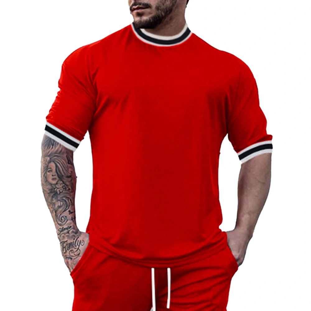 Summer Crewneck T Shirt Men Fashionable Casual Pure Color Short Sleeve Top Shrt for Gym Fitness Orange Red M