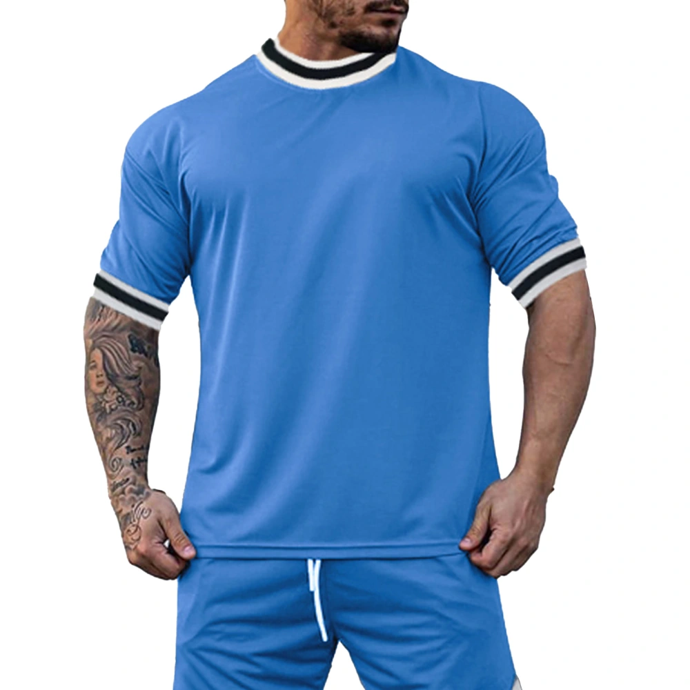 Summer Crewneck T Shirt Men Fashionable Casual Pure Color Short Sleeve Top Shrt for Gym Fitness Light Blue L