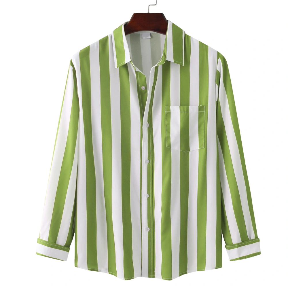 Men Striped Shirt Long Sleeve Turn Down Collar Loose Fit Botton Down Blouse for Daily Wear Work Green XL