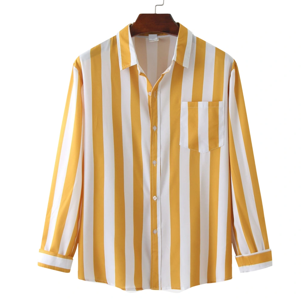 Men Striped Shirt Long Sleeve Turn Down Collar Loose Fit Botton Down Blouse for Daily Wear Work Yellow M