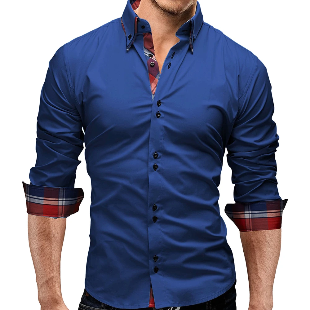 Men Long Sleeve Shirt Pure Color Lapel Slim Comfortable Breathable Skin Friendly For Work Business Trip Royalblue 3XL