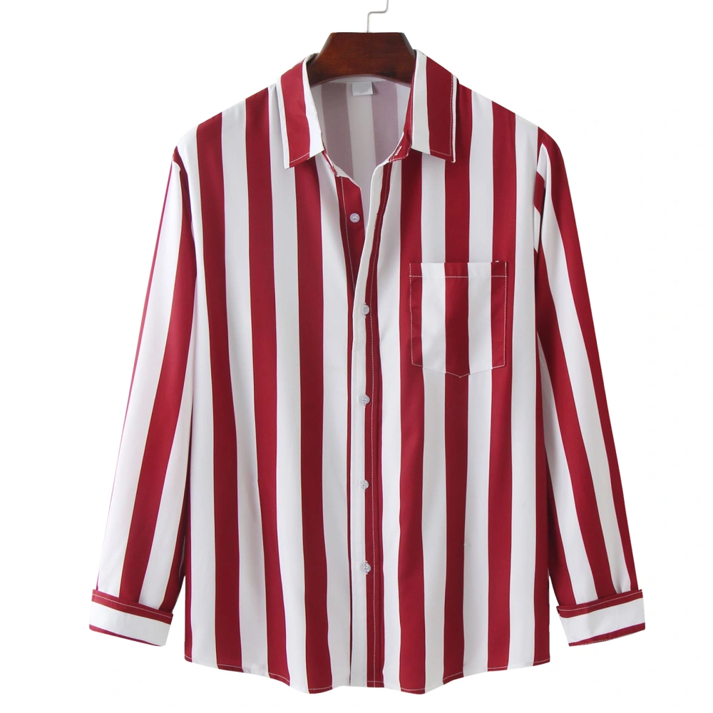 Men Striped Shirt Long Sleeve Turn Down Collar Loose Fit Botton Down Blouse for Daily Wear Work Red L