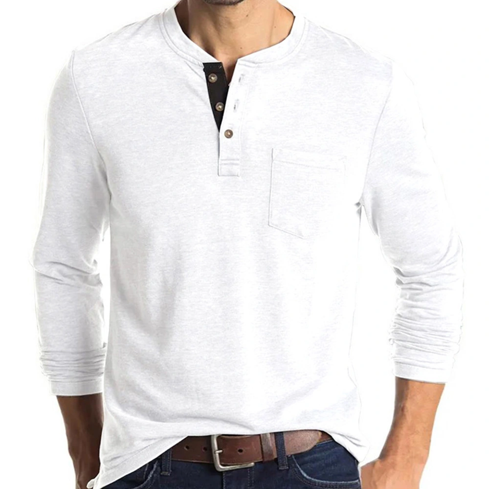 Long Sleeve Slim Fit T Shirt Men Autumn Elegant Pure Color Crewneck Button Bottoming Shirt Top for Office Work White S